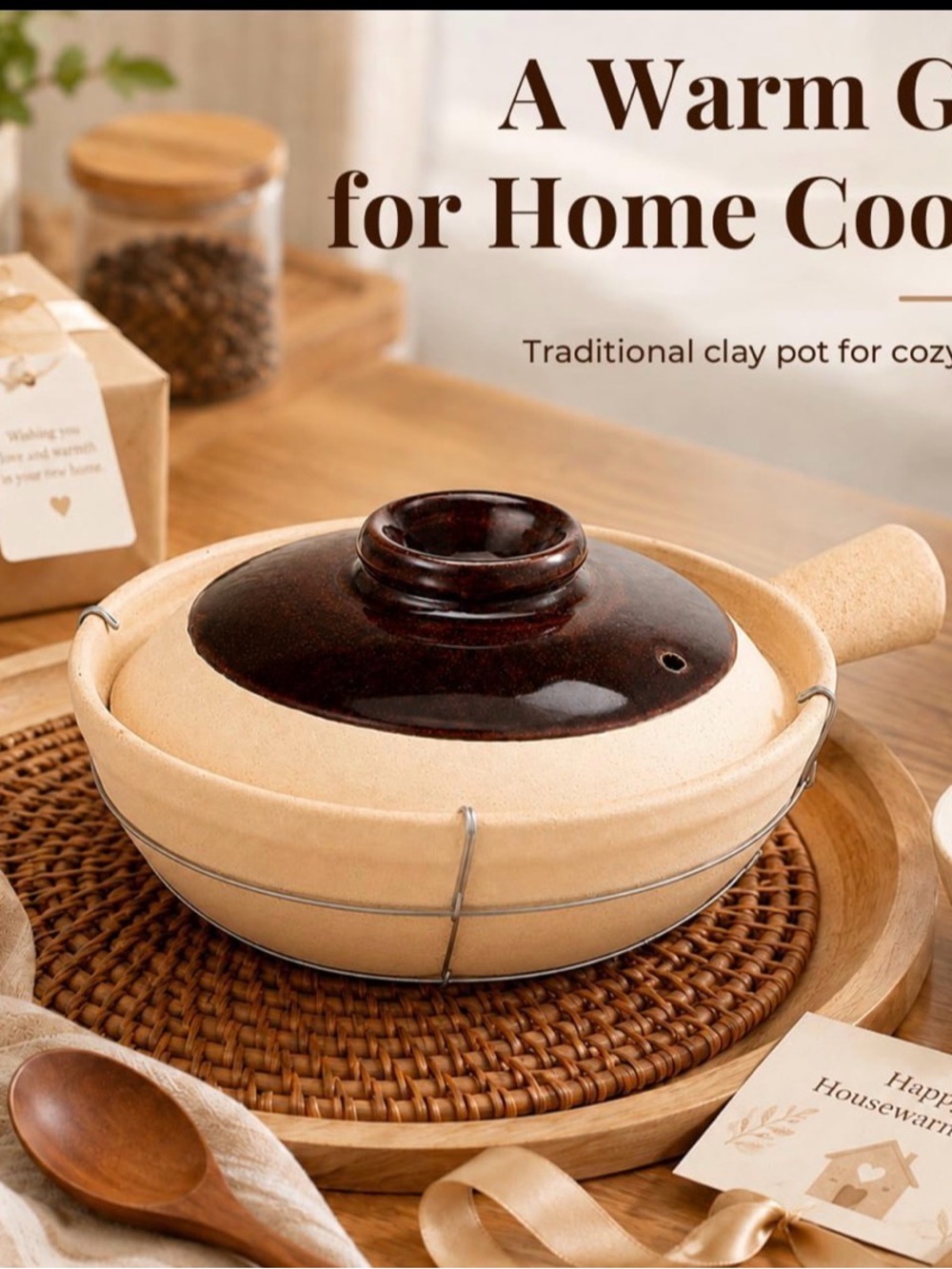 Traditional Clay Donabe Pot with Brown Lid - Home Kitchen